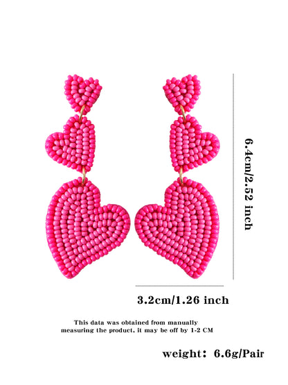 1 Pair Romantic Sweet Heart Shape Handmade Beaded Drop Earrings