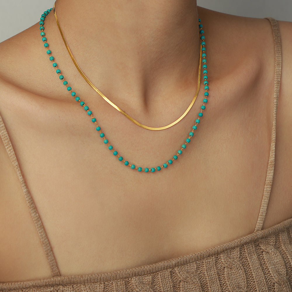 Ig Style Elegant Geometric Turquoise Titanium Steel Beaded Plating 18k Gold Plated Double Layer Necklaces