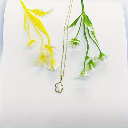 Retro Vintage Style Punk Flower Stainless Steel Metal Plating Inlay Shell 18k Gold Plated Pendant Necklace