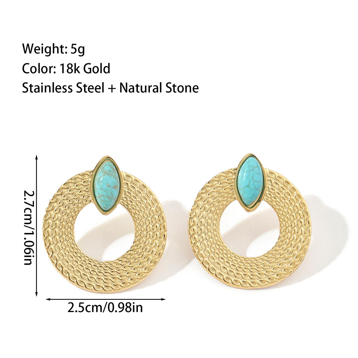 1 Pair Ig Style Round Polishing Plating Inlay Titanium Steel Natural Stone 18k Gold Plated Ear Studs