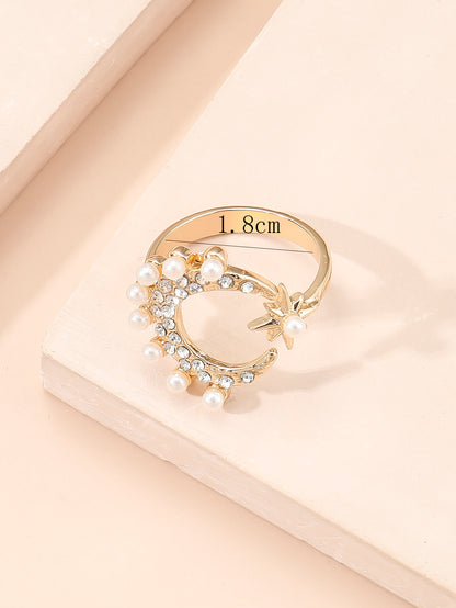 Elegant Cute Moon Alloy Asymmetrical Rhinestones Pearl Silver Plated Unisex Open Rings