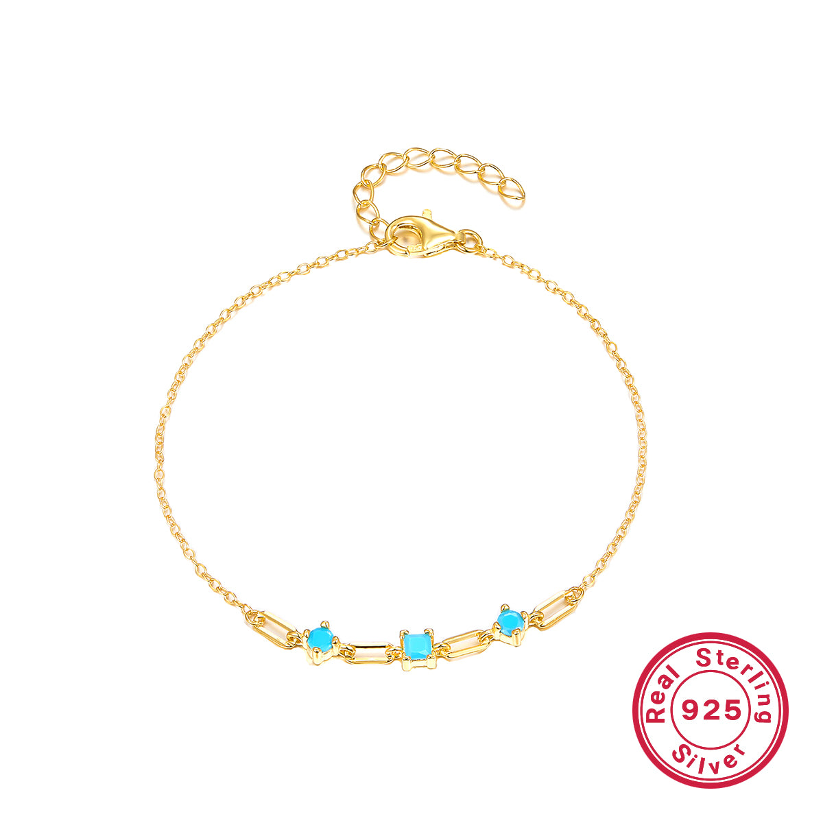 Sterling Silver 18K Gold Plated IG Style Paper Clip Round Inlay Turquoise Zircon Bracelets