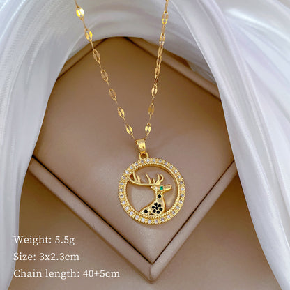 Titanium Steel Copper IG Style Simple Style Deer Hollow Out Inlay Zircon Pendant Necklace