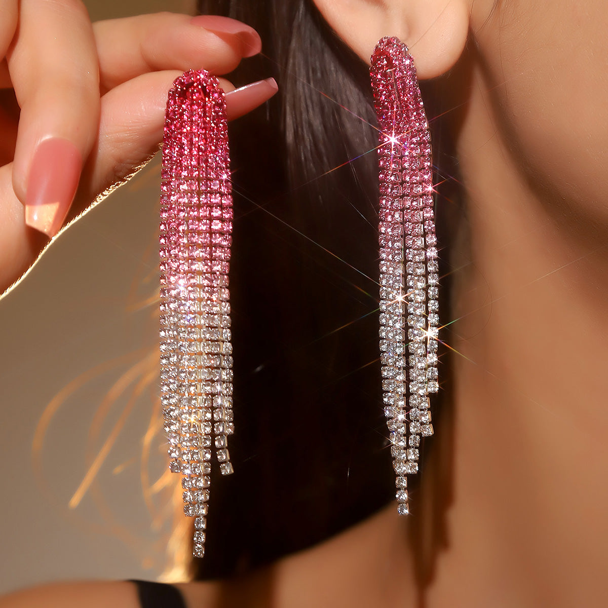 1 Pair Elegant Luxurious Geometric Tassel Plating Inlay Alloy Rhinestones Silver Plated Drop Earrings