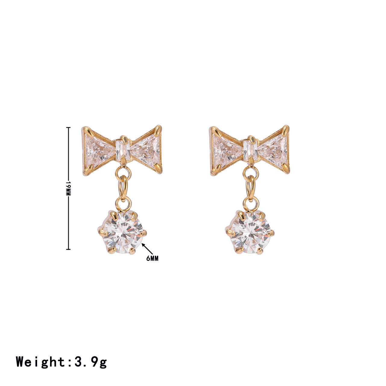 1 Pair Sweet Bow Knot Stainless Steel Zircon White Gold Plated Drop Earrings