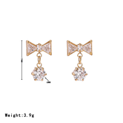 1 Pair Sweet Bow Knot Stainless Steel Zircon White Gold Plated Drop Earrings