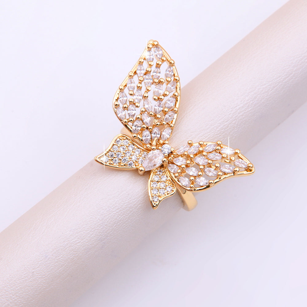 Glam Luxurious Shiny Flower Butterfly Copper Plating Inlay Zircon 18k Gold Plated Open Rings