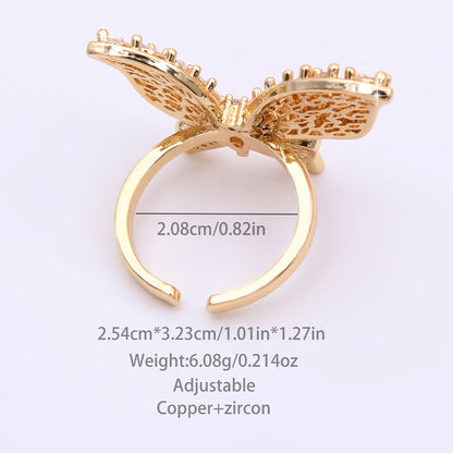 Glam Luxurious Shiny Flower Butterfly Copper Plating Inlay Zircon 18k Gold Plated Open Rings