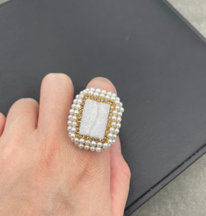 Elegant Simple Style Rectangle Copper Plating Inlay Crystal Pearl Open Rings