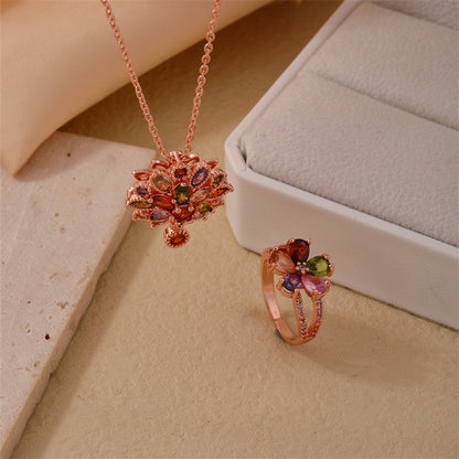 Simple Style Classic Style Flower Copper Zircon Rose Gold Plated Rings Necklace