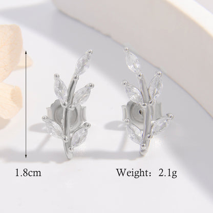 1 Piece Elegant Leaves Plating Sterling Silver Zircon White Gold Plated Ear Studs