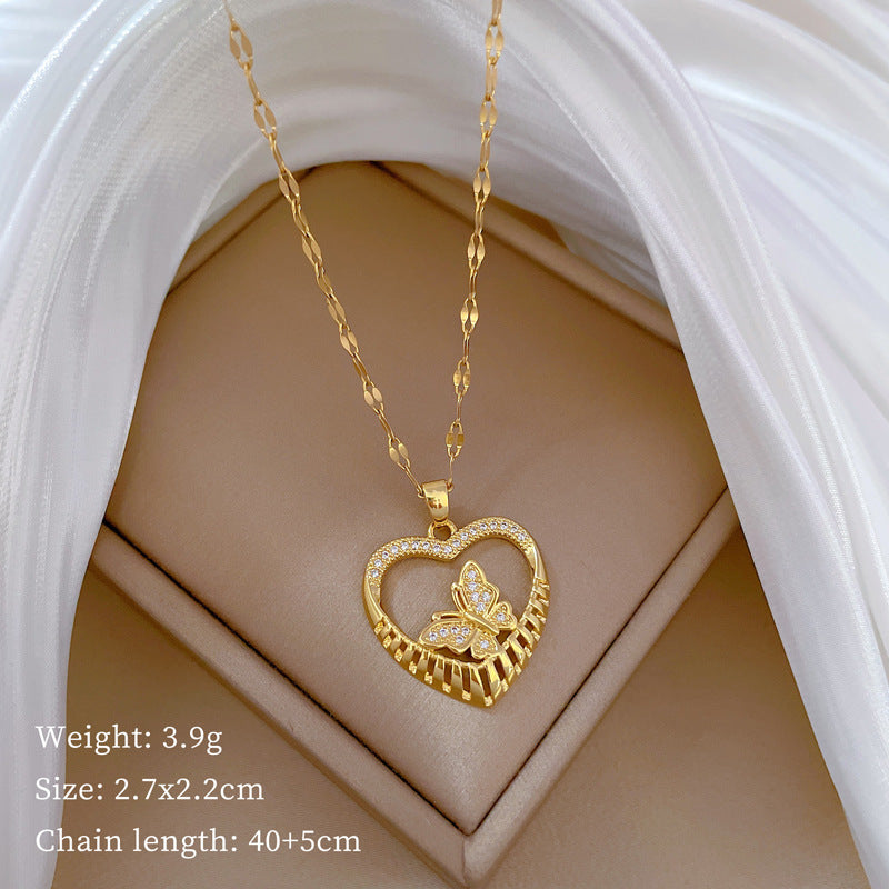 Titanium Steel Copper IG Style Shiny Heart Shape Butterfly Hollow Out Inlay Zircon Pendant Necklace