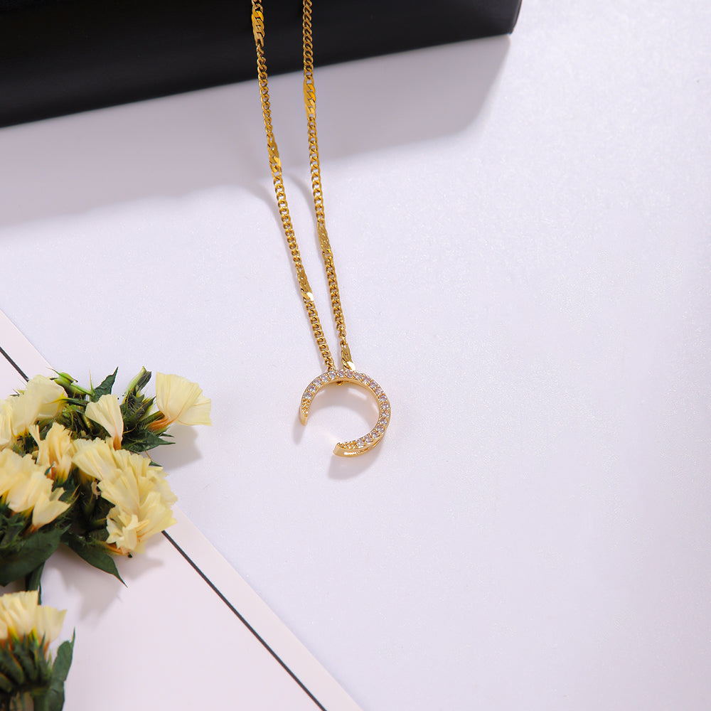 Elegant Shiny C Shape Triangle Oval Stainless Steel Copper Plating Inlay Zircon 18k Gold Plated Pendant Necklace