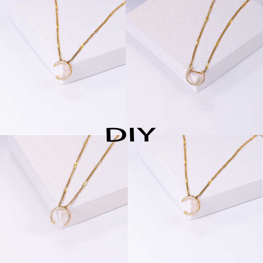 Elegant Shiny C Shape Triangle Oval Stainless Steel Copper Plating Inlay Zircon 18k Gold Plated Pendant Necklace