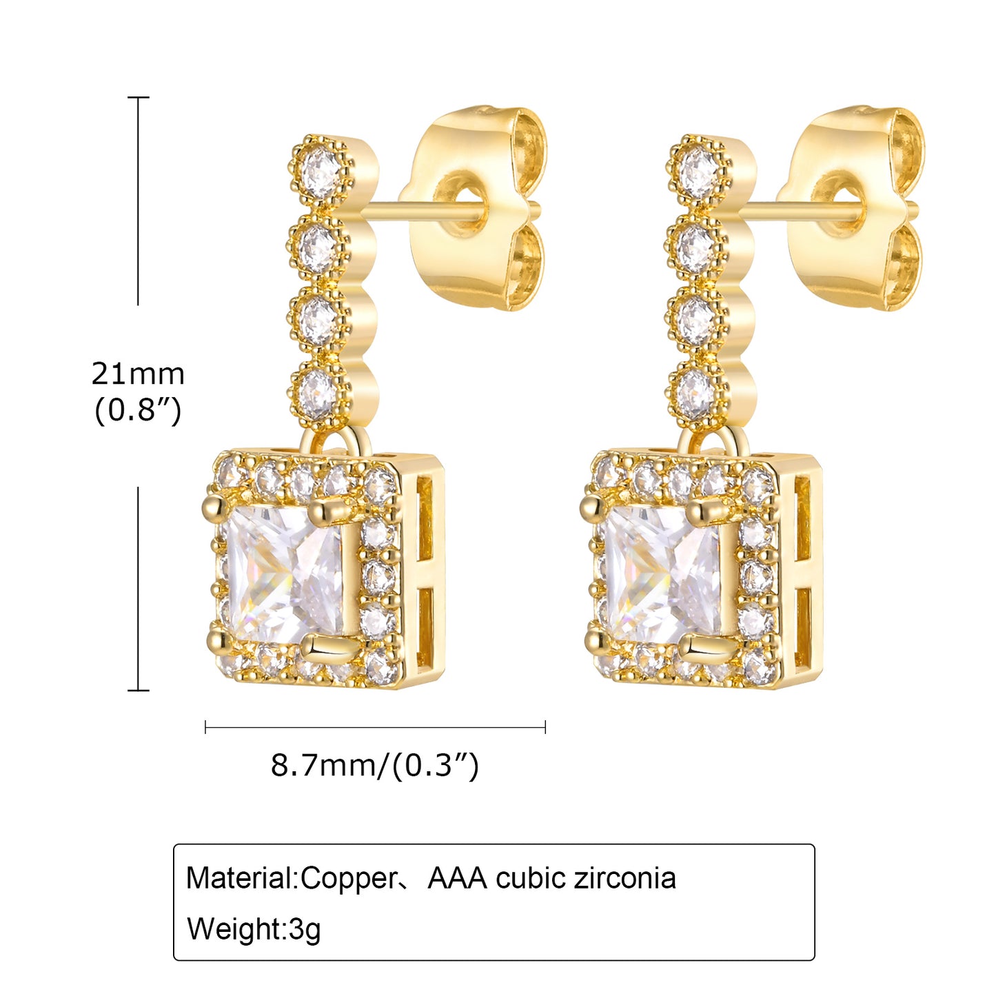 1 Pair Sweet Square Plating Inlay Copper Zircon Gold Plated Drop Earrings