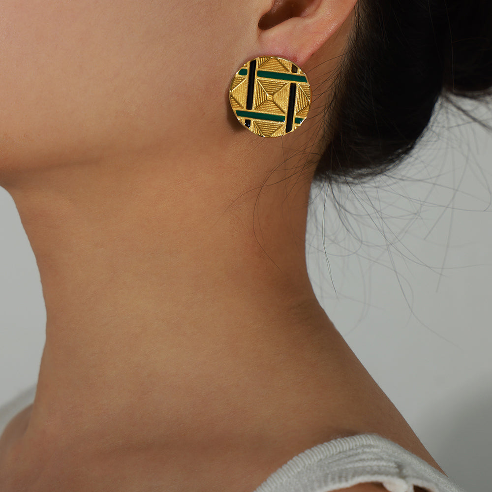 1 Pair Ig Style Casual Modern Style Round Lines Rhombus Enamel Plating Titanium Steel 18k Gold Plated Ear Studs