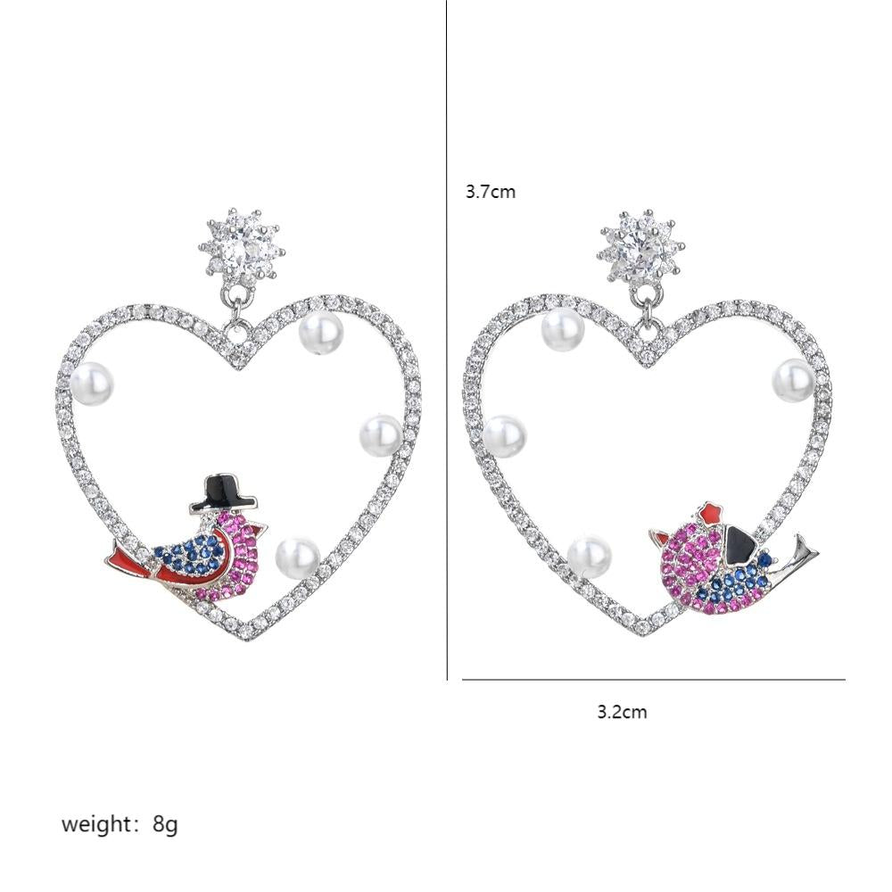 1 Pair Simple Style Heart Shape Bird Plating Inlay Copper Zircon White Gold Plated Drop Earrings