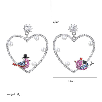 1 Pair Simple Style Heart Shape Bird Plating Inlay Copper Zircon White Gold Plated Drop Earrings