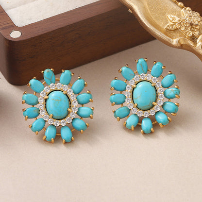 1 Pair French Style Oval Flower Plating Hollow Out Inlay Copper Turquoise  Zircon 18k Middle Ancient Gold Earrings Ear Studs