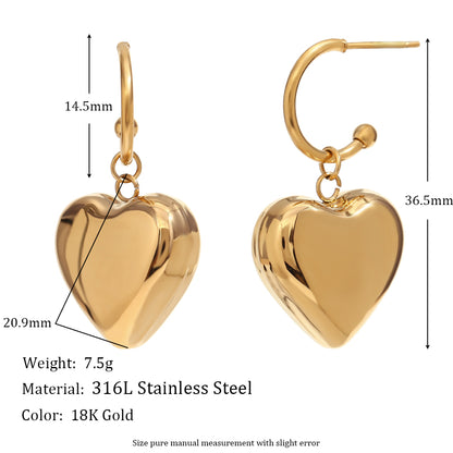 1 Pair Simple Style Heart Shape Plating Stainless Steel 18k Gold Plated Drop Earrings