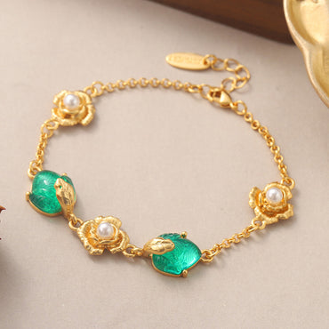 French Style Flower Copper Plating Inlay Resin Pearl 18k Middle Ancient Gold Bracelets