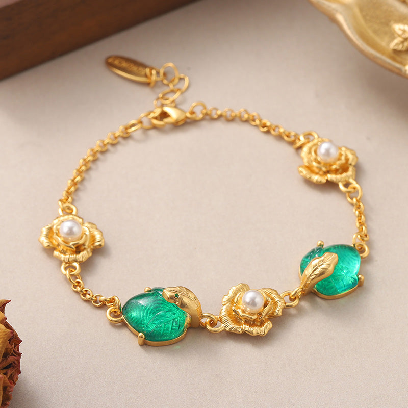 French Style Flower Copper Plating Inlay Resin Pearl 18k Middle Ancient Gold Bracelets