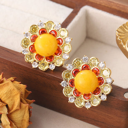 1 Pair Simple Style Sun Flower Inlay Copper Natural Stone Zircon Ear Studs