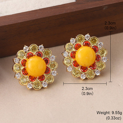 1 Pair Simple Style Sun Flower Inlay Copper Natural Stone Zircon Ear Studs