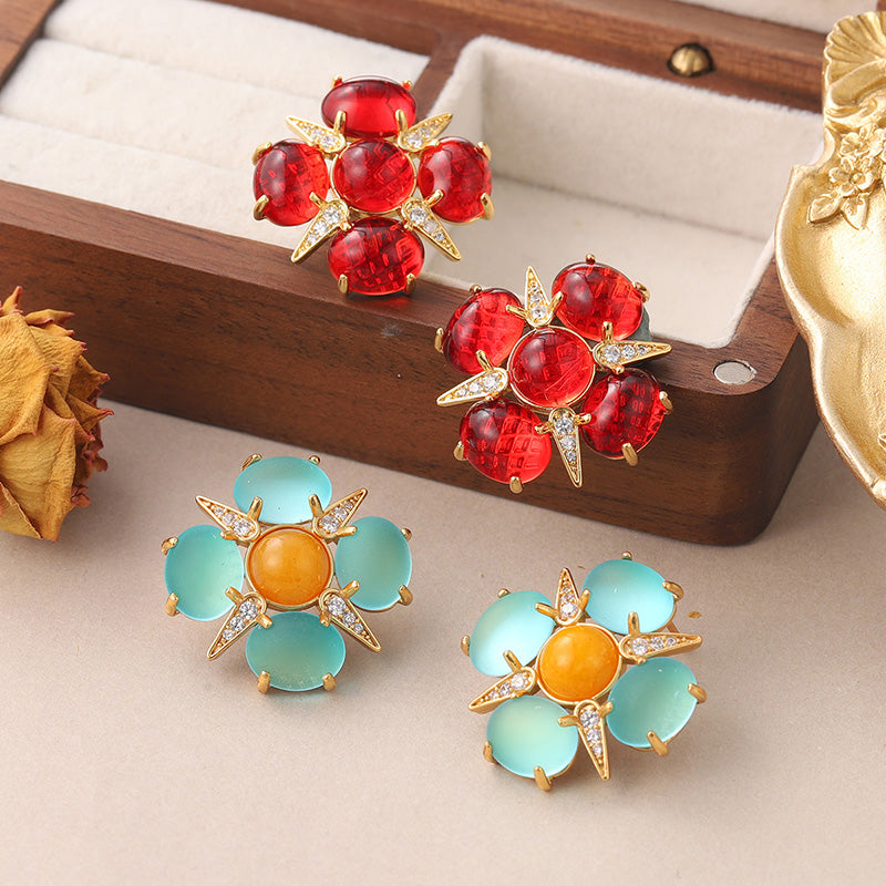 1 Pair Vintage Style Simple Style Star Flower Inlay Copper Natural Stone Glass Zircon Ear Studs