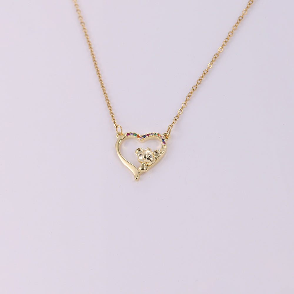 Cute Bear Heart Shape Stainless Steel Copper Plating Inlay Zircon 18k Gold Plated Pendant Necklace