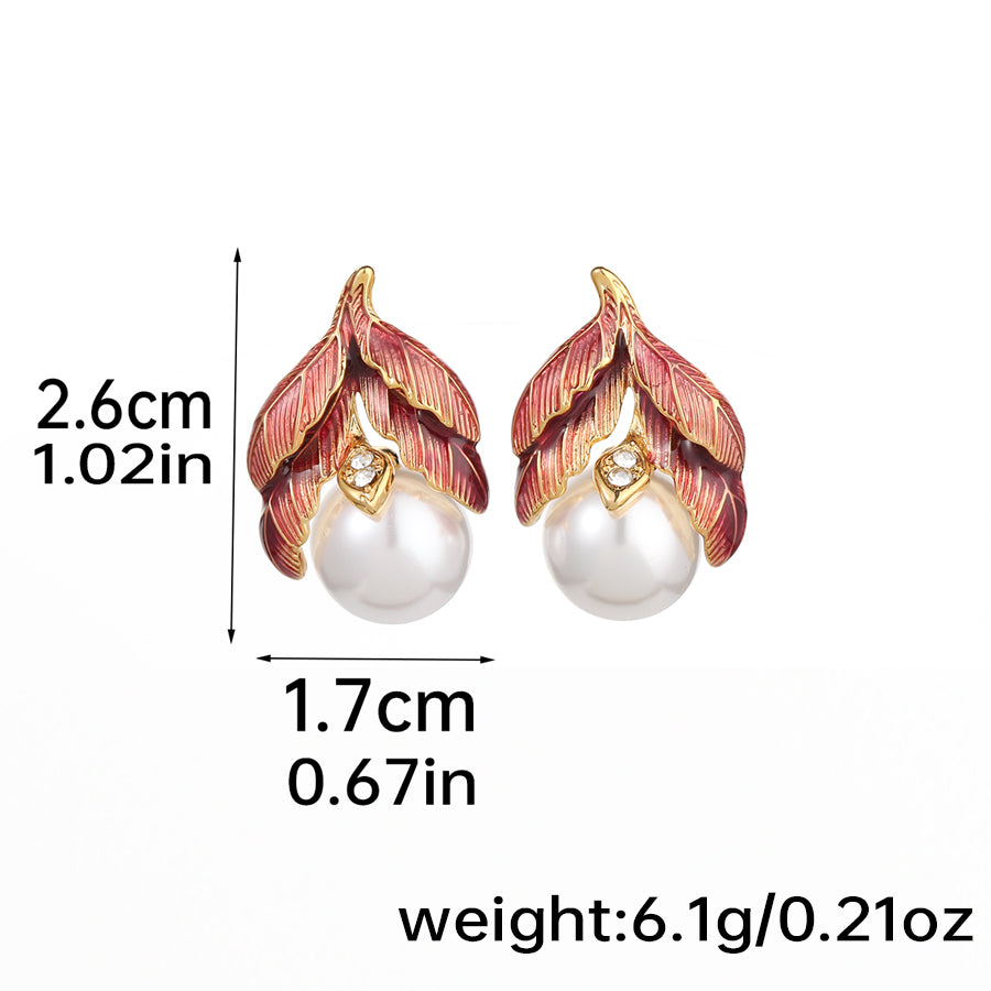 1 Pair Elegant Vintage Style Leaves Plating Copper Artificial Pearls Rhinestones 18k Gold Plated Ear Studs