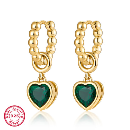 1 Pair Elegant Heart Shape Plating Inlay Sterling Silver Malachite Zircon 18k Gold Plated Drop Earrings