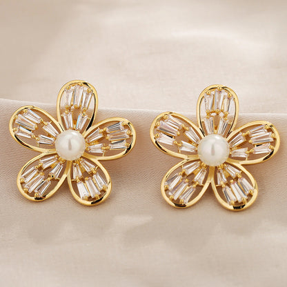 1 Pair Ig Style Simple Style Flower Plating Inlay Copper Ear Studs