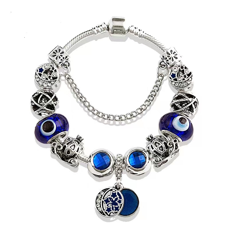 Punk Color Block Alloy Plating Inlay Rhinestones Glass Bead Silver Plated Women's Bangle