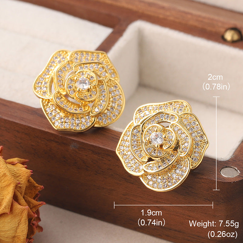 1 Pair French Style Sweet Rose Inlay Copper Zircon Ear Studs