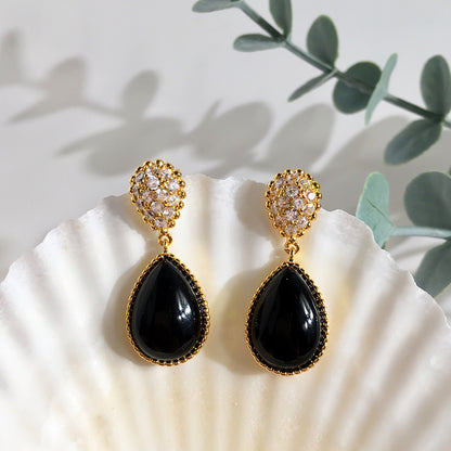 1 Pair Retro Commute Water Droplets Inlay Copper Agate Zircon Drop Earrings