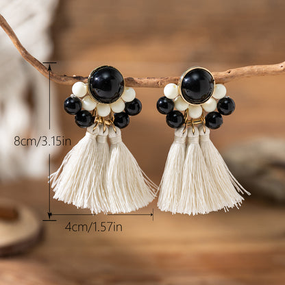 1 Pair Vacation Flower Beaded Tassel Synthetic Fibre Glass Dangling Earrings