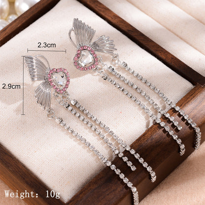 1 Pair Simple Style Shiny Tassel Heart Shape Butterfly Inlay Alloy Rhinestones Drop Earrings