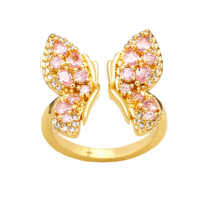 Sweet Butterfly Copper Plating Inlay Zircon White Gold Plated Open Rings