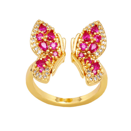 Sweet Butterfly Copper Plating Inlay Zircon White Gold Plated Open Rings