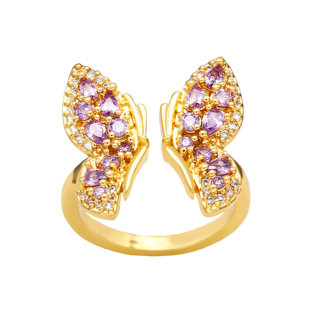 Sweet Butterfly Copper Plating Inlay Zircon White Gold Plated Open Rings