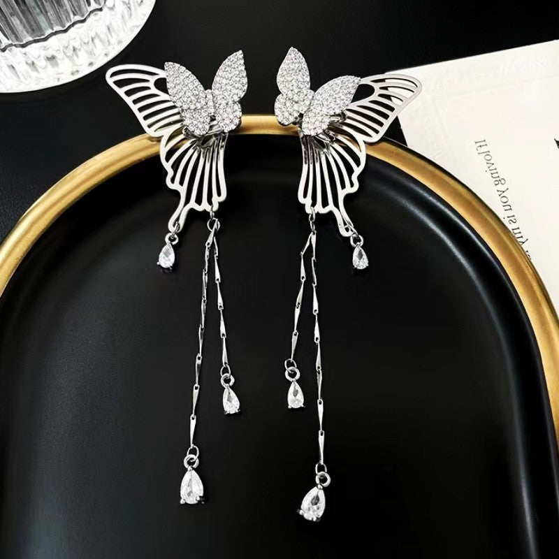 1 Piece 1 Pair Sweet Simple Style Moon Butterfly Tassel Plating Alloy Zircon Earrings