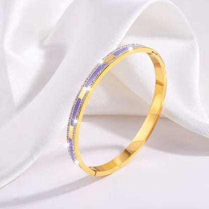 Simple Style Lines Stainless Steel Enamel Inlay Zircon Bangle