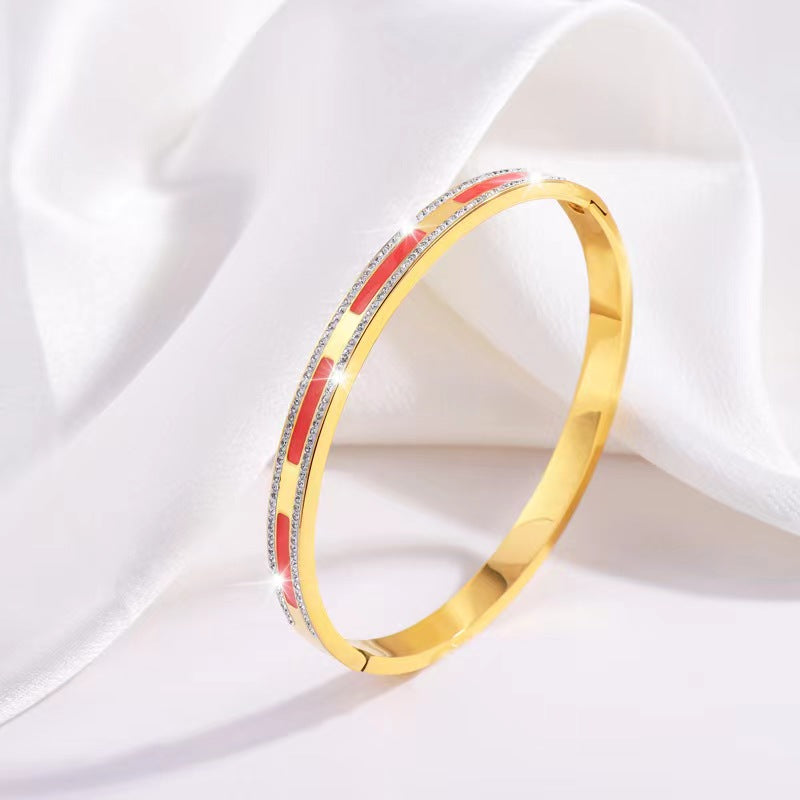 Simple Style Lines Stainless Steel Enamel Inlay Zircon Bangle