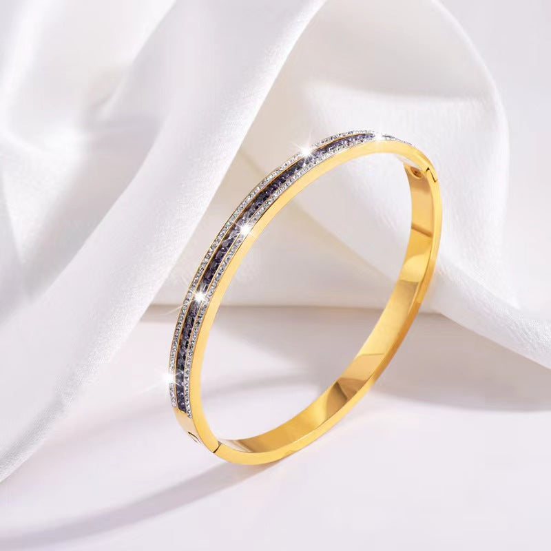 Simple Style Lines Stainless Steel Enamel Inlay Zircon Bangle