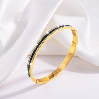 Simple Style Lines Stainless Steel Enamel Inlay Zircon Bangle