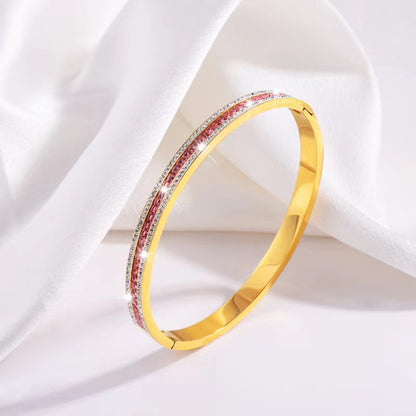 Simple Style Lines Stainless Steel Enamel Inlay Zircon Bangle