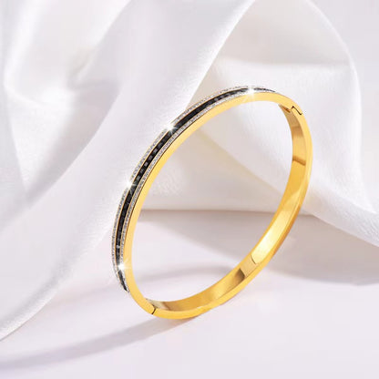 Simple Style Lines Stainless Steel Enamel Inlay Zircon Bangle