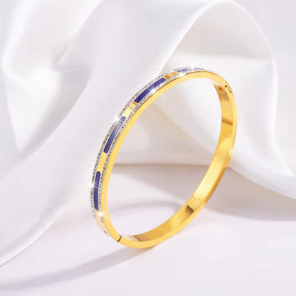 Simple Style Lines Stainless Steel Enamel Inlay Zircon Bangle