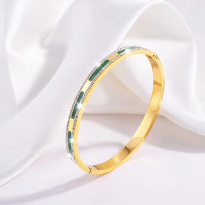 Simple Style Lines Stainless Steel Enamel Inlay Zircon Bangle